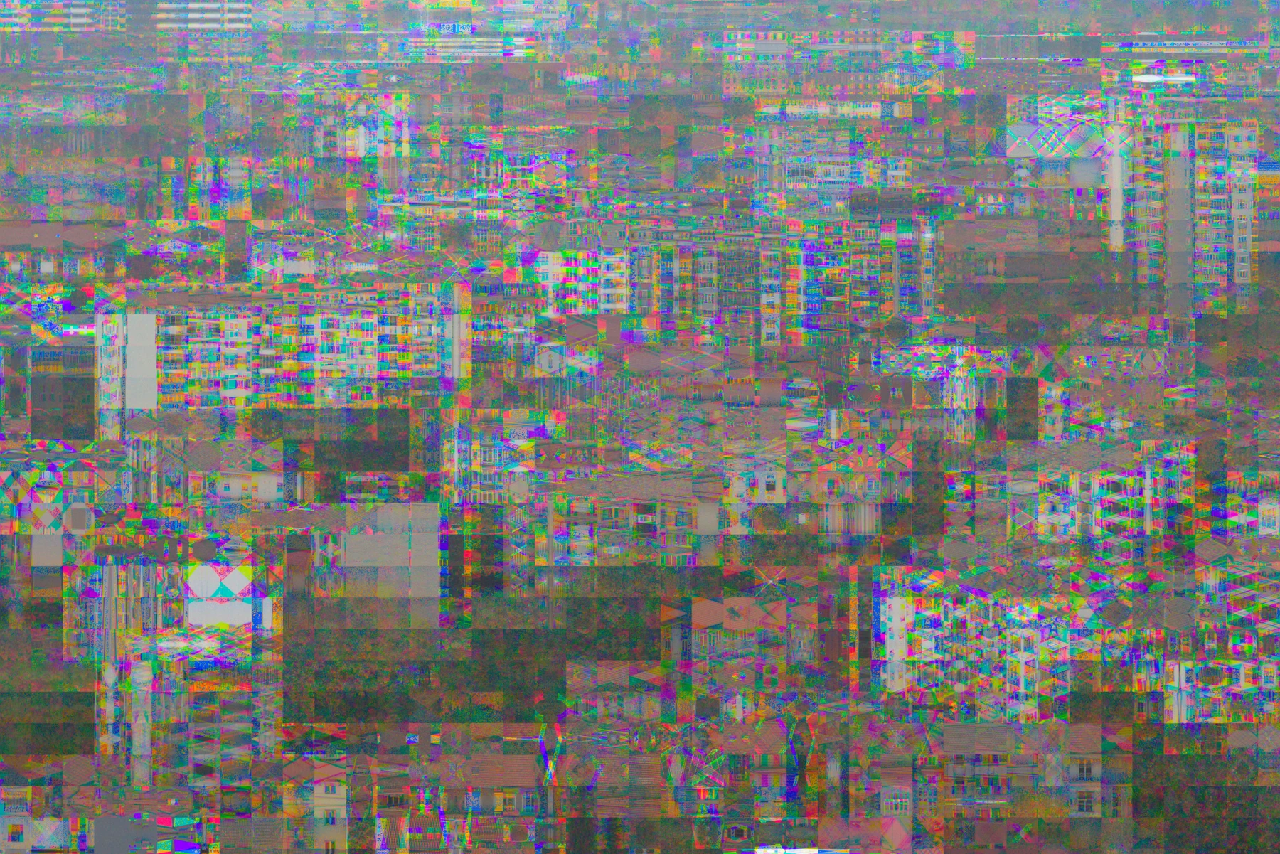 A real EOS M cityscape broken into repeating rainbow-coloured blocks by Bayer Drift